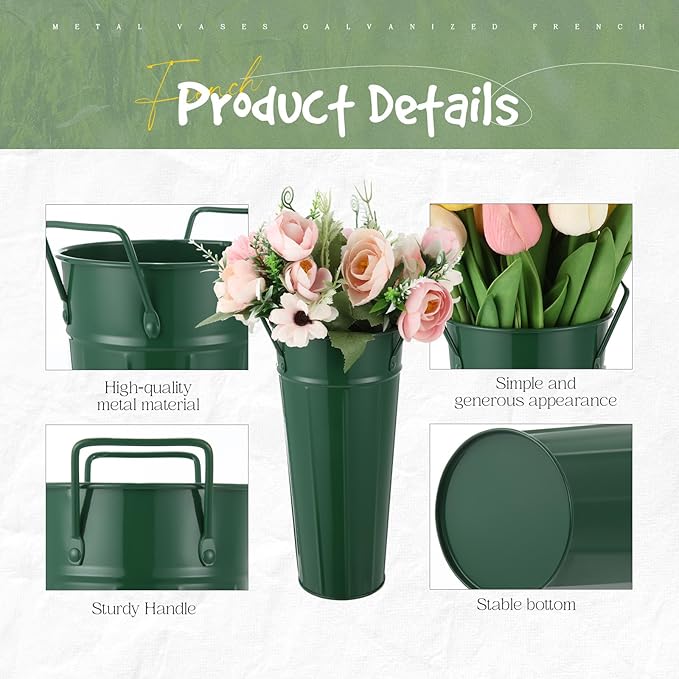 Lallisa 24 Pcs Metal Vases 9 Inch Galvanized French Farmhouse Flower Buckets with Handles and Hemp Rope, Vintage Style Flower Containers for Country Wedding Party Table Centerpiece Decor(Dark Green)