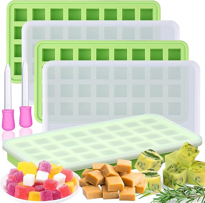 AIERSA Silicone Molds for Herb-Infused Oil Cubes, 3Pcs 32 Cavity Mini Candy Gummy Tray, 5/8x5/8x5/8in Square Chocolate Molds with Lids & 2 Droppers DIY Homemade Herbal Blocks, Jello, Pralines Caramels