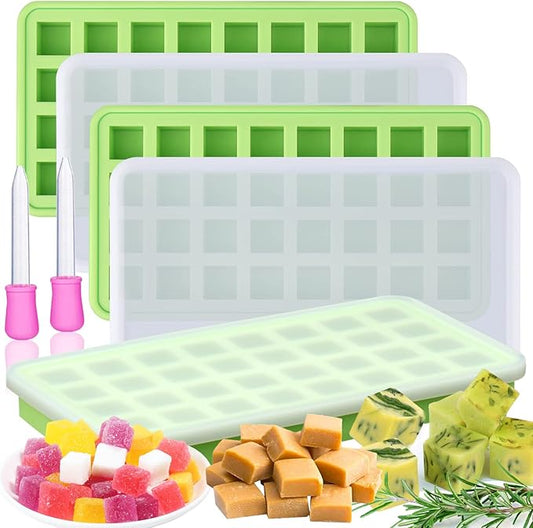 AIERSA Silicone Molds for Herb-Infused Oil Cubes, 3Pcs 32 Cavity Mini Candy Gummy Tray, 5/8x5/8x5/8in Square Chocolate Molds with Lids & 2 Droppers DIY Homemade Herbal Blocks, Jello, Pralines Caramels
