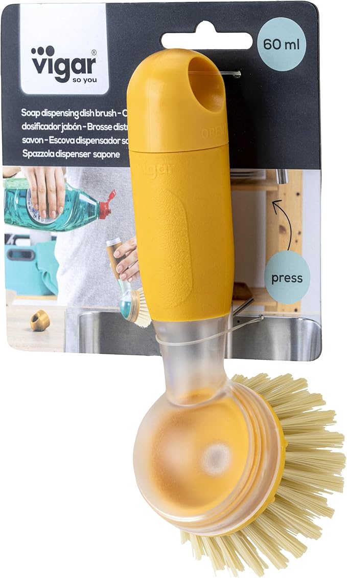 Vigar Rengo Soap Dispensing Dish Brush, Dish Brush with Soap Dispenser for Pot Scrubber, Dishes, Sink Cleaner, and Kitchen Essentials, Mustard