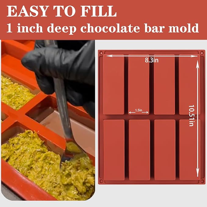 8 Cavity Rectangle Silicone Molds For Food，1 Inch Deep Chocolate Bar Baking Mold，Homemade Granola Bar/Cereal Protein Energy/Candy Bar - Set of 1