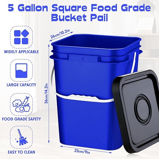 Vesici 6 Pcs 5 Gallon Food Grade Square Buckets with Lids 5 Gal Plastic Food Storage Square Bucket Heavy Duty Industrial Pail Container with DIY Label Stickers Handles for Water Painting(Blue)