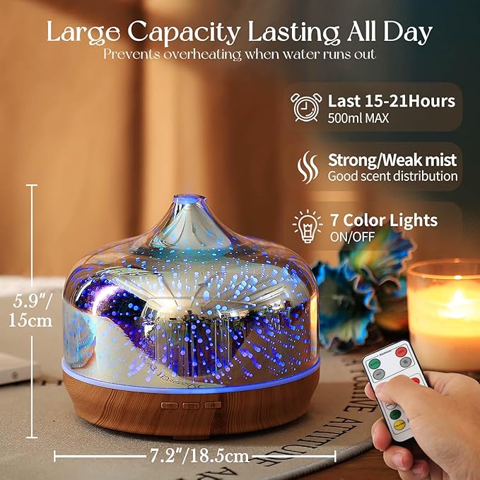 Porseme 500ml Glass Essential Oil Diffuser Aromatherapy Ultrasonic Cool Mist Humidifier 15-21 Running Hours Diffusers with Remote Control for Sleeping Yoga Office Working Spa and Rest