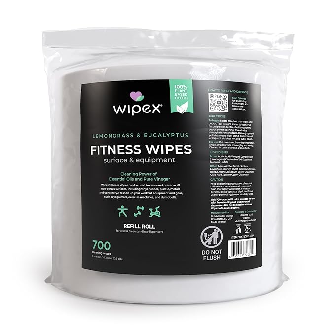 Wipex Plant Based Gym Wipes Dispenser Refill - 1400 Count 8"x8" Fitness Equipment Wipes with Cleaning Vinegar, Lemongrass & Eucalyptus, Quality Gym Wipes for Equipment & Surface Cleaner