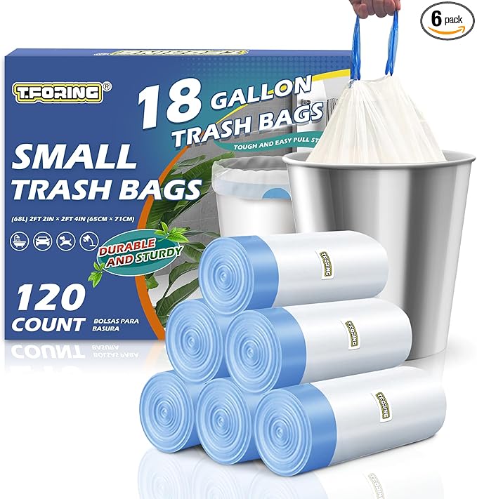 18 Gallon Trash Bags with Drawstring - 120 Count Heavy Duty 1.25 Mil Garbage Bags 68 Liter Tall Kitchen Bin Liners Unscented White for Home Yard Lawn
