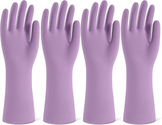 Rubber Cleaning Gloves for Dishwashing, 4 Pairs Reusable Kitchen Gloves for Washing Dishes and Household Cleaning, Purple Dish Gloves with Flocked Lining and Non-Slip Grip, Pefect for Woman Men - L