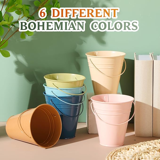 Sadnyy Colored Small Metal Buckets with Handle, 4.5 x 5.1 Inch Mini Galvanized Tin Bucket for Back to School Classrooms Crafts Pencil Holder Boho Wedding Birthday Party Favor Decoration