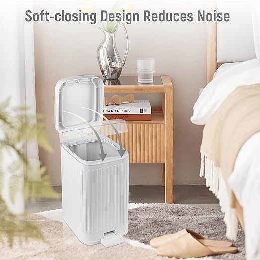Small Bathroom Trash Can with Lid 1.9 Gallon Step Trash Can Slim Garbage Can with Soft-Close Waste Bin for Bathroom, Bedroom, Office, Dorm, RV, White