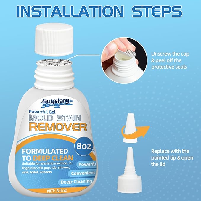 Sugelary Mold Stain Cleaner, 8 Fl oz All-Purpose Gel for Front Loader Seal, Household Cleaner Gel for Bathroom Grout, Sink, Shower, Caulk, Washing Machine Cleaning Solution