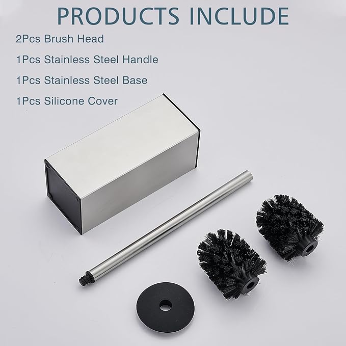 FORIOUS Toilet Brush and Holder Set, Heavy Duty 304 Stainless Steel Base Square and Long Handle for Bathroom Deep Cleaning, Drip-Proof, Space Saving for Storage, 2 Toilet Bowl Brush Head