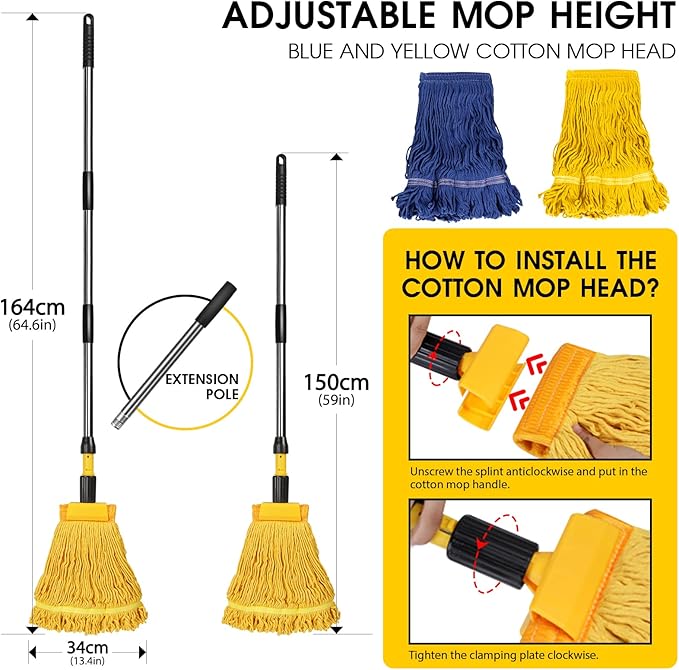 MASTERTOP Industrial Mop,Heavy Duty Looped End String Dust Mop,Commercial Mops for Home,Kitchen,Garage,Office and Concrete/Tile Floor Cleaning - 2 Cotton Heads