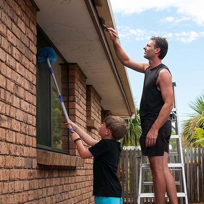 Cobweb Duster with Pole, 10ft Stainless Steel Pole Cobweb Brush with Medium-Stiff Bristles for Walls Beams Shelves Iight Fixtures and Window Screens
