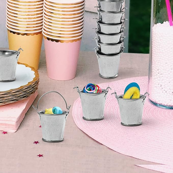 1.69" Galvanized Mini Tin Buckets – 24Pcs Silver Metal Buckets with Handle Best for Party Favors, Bridal Shower and Craft Projects (Silver, 1.69")