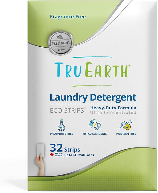 Tru Earth Platinum - Heavy Duty Laundry Detergent Sheets - Up to 64 Loads (32 Count), Fragrance Free - Ultra-Concentrated Strips Formula - Eco-Friendly Laundry Sheets