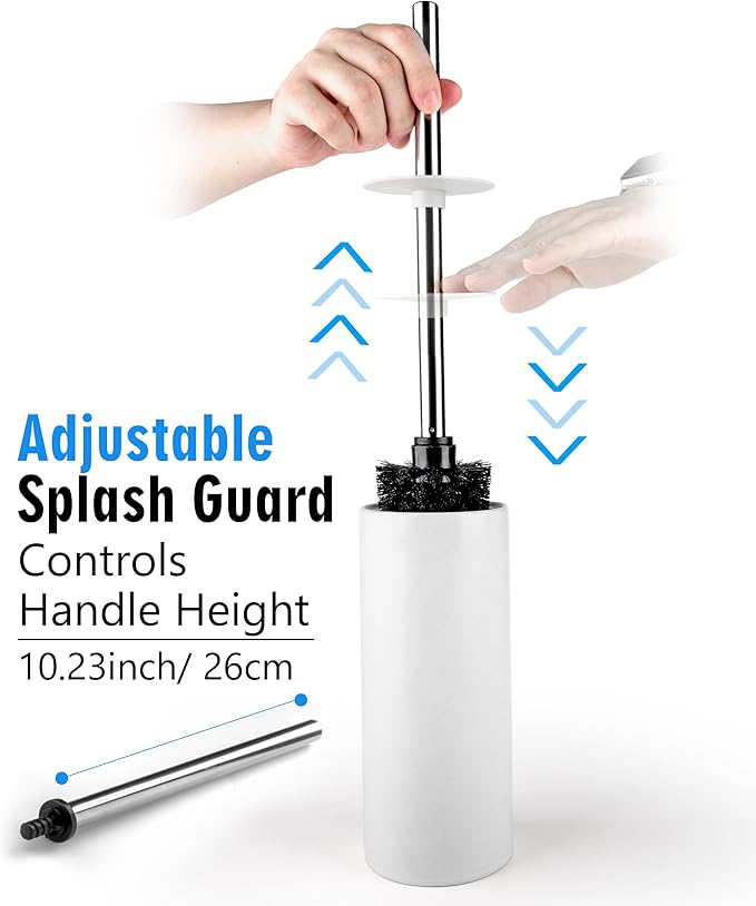 Matt White Ceramic Toilet Brush and Holder Set, Durable Bristles Non Scratch Toilet, Long Stainless Steel Handle, Freestanding Toilet Bowl Cleaners Brush, Scrubber Brush for Toilet