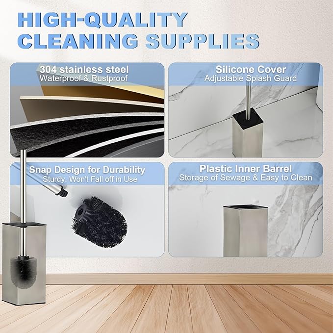 Toilet Brush and Holder Set, NEWRAIN Stainless Steel Toilet Brush with Long Brush Handle, Brushed Nickel Toilet Scrubber and Covered Holder, Square Design Sturdy and Space Saving, Covered Brush