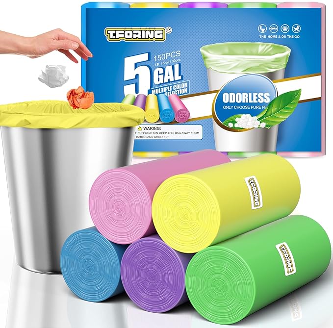 5 Gallon Trash Bags Extra Thick - 18 Liter Garbage Bags Unscented for Bathroom, Small Plastic Wastebasket Liners for Home Office Bedroom,150 Count 5 Color