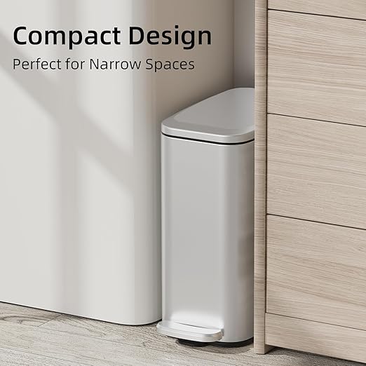 KUK Slim Bathroom Trash Can with Lid, 1.6 Gal / 6L Stainless Steel Small Garbage Bin with Detachable Inner Bucket, Step Pedal, Silent Close, Wastebasket for Toilet, Bedroom, Home, Office (Silver)