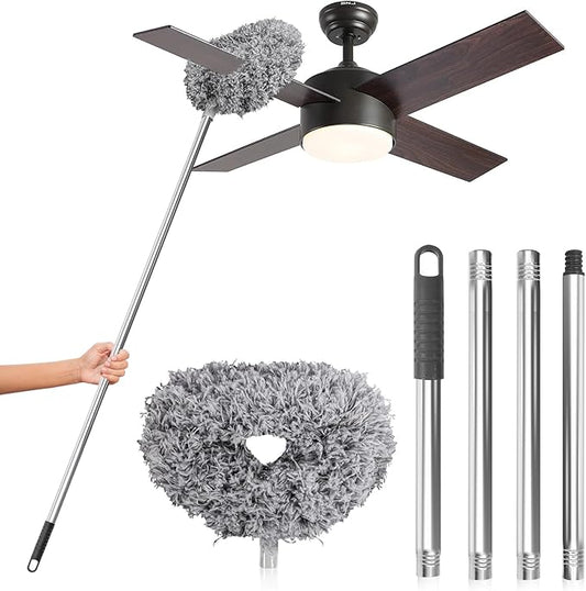 DRQ Ceiling Fan Cleaner Duster, Reusable Microfiber Duster with Extension Pole, 13 to 48 Inch Fan Blade Cleaner, Removable Dusters for Cleaning Walls Bookshelves Door Window Top (Grey)