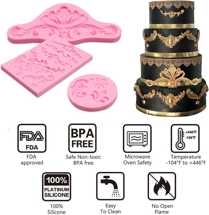 Baroque Silicone Molds for Cake Decorating, 3 Pieces Frame Vintage Relief Relief Fondant Molds for Flower European Style Cupcake Toppers Chocolate Candy