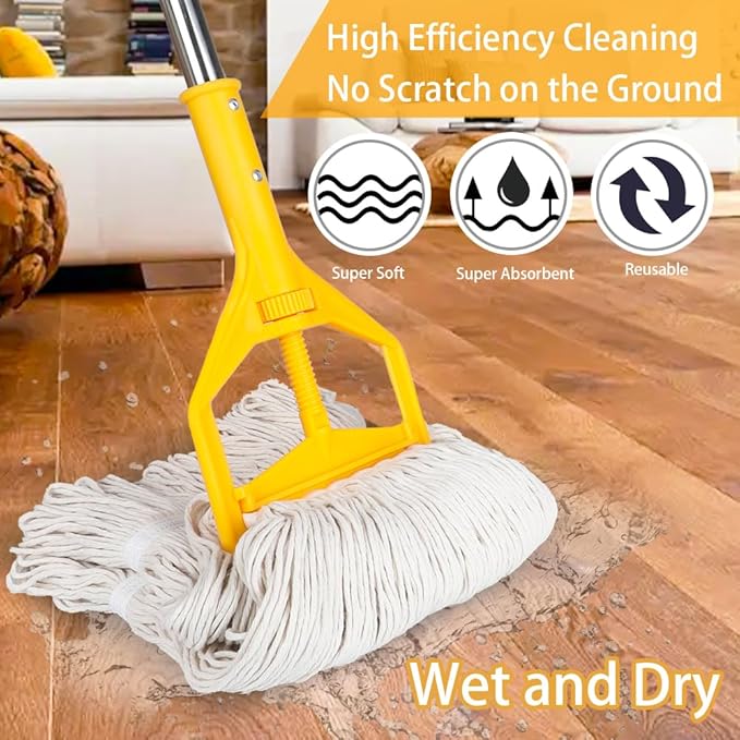 Wet String Mop for Floor Cleaning, Heavy Duty Mop with 2 Reusable Heads, Long Handle Industrial Cotton Mop for Restaurant Home Garage Office Patio Warehouse (Yellow)