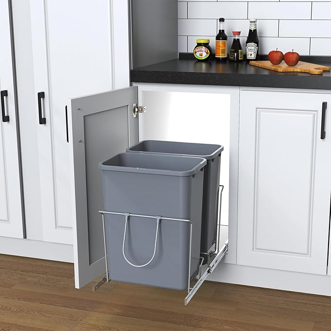 Double Pull-Out Trash Can, 35QT Under-Cabinet Kitchen Bin, Metal Frame, Grey, Fits Above 18” Opening Cabinets