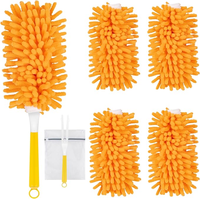 4 Pack Reusable Duster Refills for Swiffer, Microfiber 360 Heavy Duty Dusters Refills Compatible with Swiffer Hand Duster(Include 1 Handle & Laundry Bag)