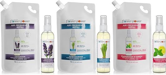 Natural Flower Power Air Freshener Spray Refills - Odor Eliminator w/Essential Oils - Variety Pack - Lavender, Lemongrass, Peppermint & Lemon - 3 (4 fl oz) Air Freshener Sprays, 3 (16 fl oz) Refills