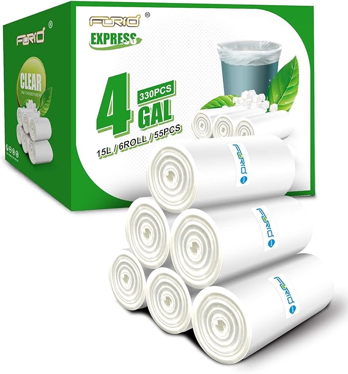 FORID Clear Small Trash Bags, 4 Gallon Garbage Bags, Wastebasket Bin Liners 330 Count Plastic Trash Bags for Bathroom Bedroom Office Trash Can 15 Liters - Durable & Thick Trash Bag