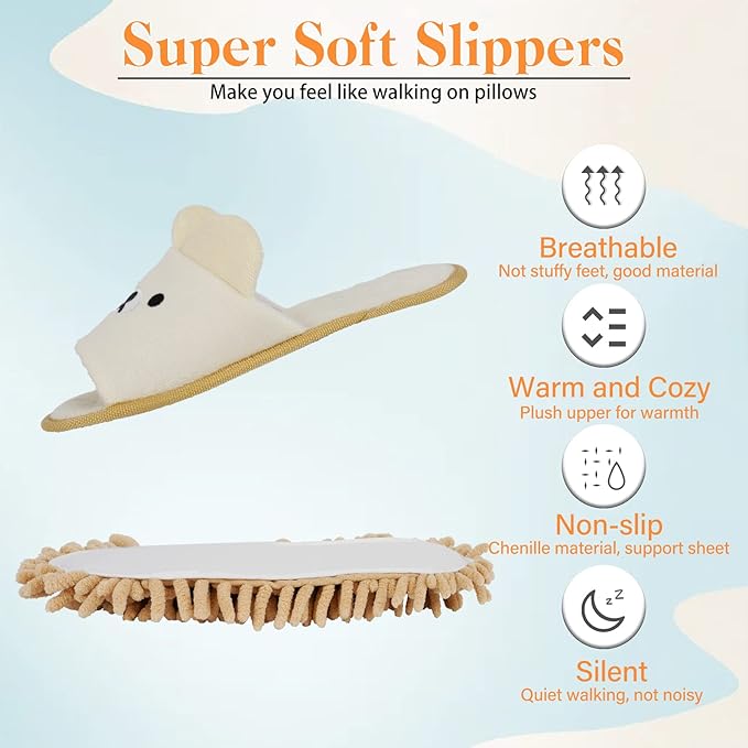 Liitrton 1 Pair Detachable Mop Slippers Shoes Microfiber Chenille Soft Comfortable Dust Dirt Hair Cleaner (Beige)