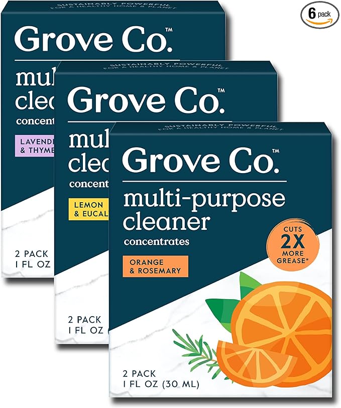 Grove Co. Multi-Purpose Cleaner, Refill Concentrate (6 x 1 Fl Oz) Plant-based Household Cleaning Supplies, Ammonia & Chlorine Free, No Plastic Waste, 3 Scent Variety Pack, Total 3 x 2 Pack Refills