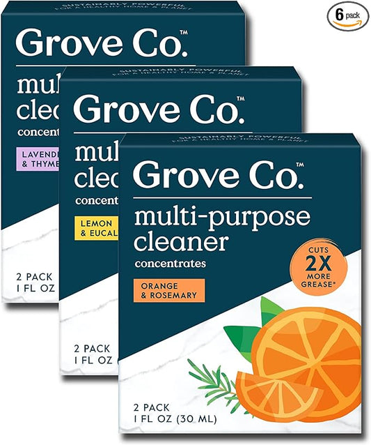 Grove Co. Multi-Purpose Cleaner, Refill Concentrate (6 x 1 Fl Oz) Plant-based Household Cleaning Supplies, Ammonia & Chlorine Free, No Plastic Waste, 3 Scent Variety Pack, Total 3 x 2 Pack Refills