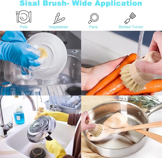 Bamboo Dish Brush Set, 2 Pcs Palm Wooden Dish Scrubber Brush, Dish Brushes, Durable Wood Dishes Scrub Brush, Natural Round Vegetable Cleaning Pots Pans Sink Washing Kitchen Brush