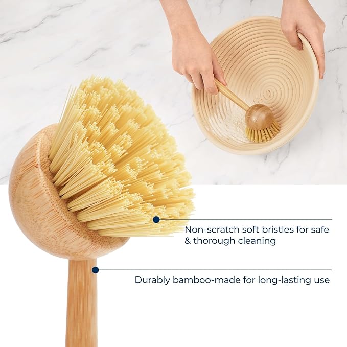 2 Pack Dish Brush with Handle, Bamboo Dish Scrub Brush, Kitchen Brushes for Dishes, Scrubber, Pots, Pans, Sink, Dishwashing Cleaning Brush