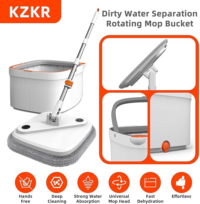 KZKR Spin Mop and Bucket Set with Self Separation Dirty and Clean Water System, Self Wringing 360° Rotating Square Mop Head for Home Floors Cleaning (1.0 Mop and Bucket Set (6 Pads))