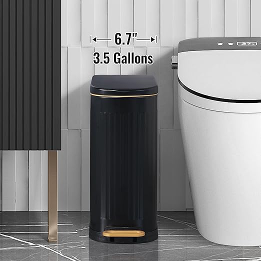 Slim Bathroom Trash Can with Lid Stainless Steel Garbage Can Soft Close Step Trash Bin with Removable Inner Bucket for Bedroom, Office, Kitchen (Matt Black, 3.5 Gallons)