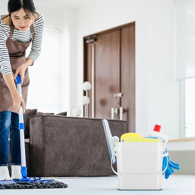 4 Pcs Plastic Bucket 5 Quart Square Bucket Utility Small Pail with Handle Sturdy Pail Organizer for House Cleaning Storage Livestock Feeding Car Washing Food Storage, No Lids(White)