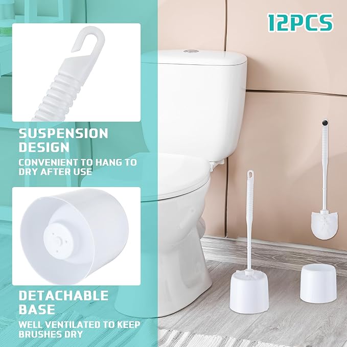 Roshtia 12 Sets Toilet Brush and Holder Set for Bathroom Toilet Bowl Brush Scrubber with Caddy for Deep Cleaning, 14.57 Height (White)