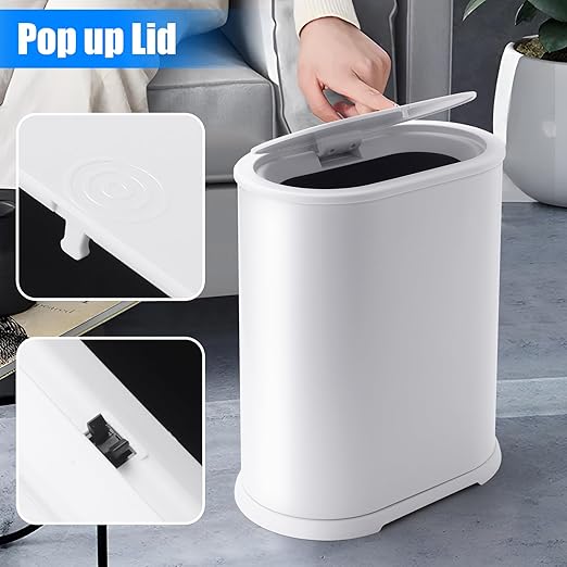 Anzoymx Stainless Steel Bathroom Trash Cans 1.8 Gallons Small Garbage Can with Pop up Lid, Dog Proof Narrow Wastebasket, Slim Waterproof Litter Trash Bins Set for Bedroom, Toilet, Office (White)