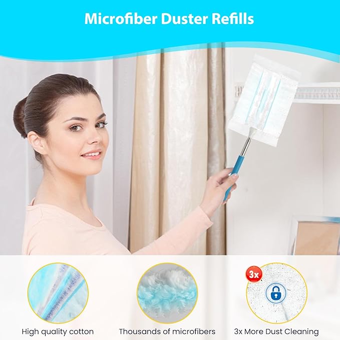 60 Count Disposable Dusters Refill for Cleaning, 180 Degree Heavy Duty Duster Replacement Head for Swiffer, Dusting Furniture, Blinds, Ceiling Fans, Helps Remove Allergens