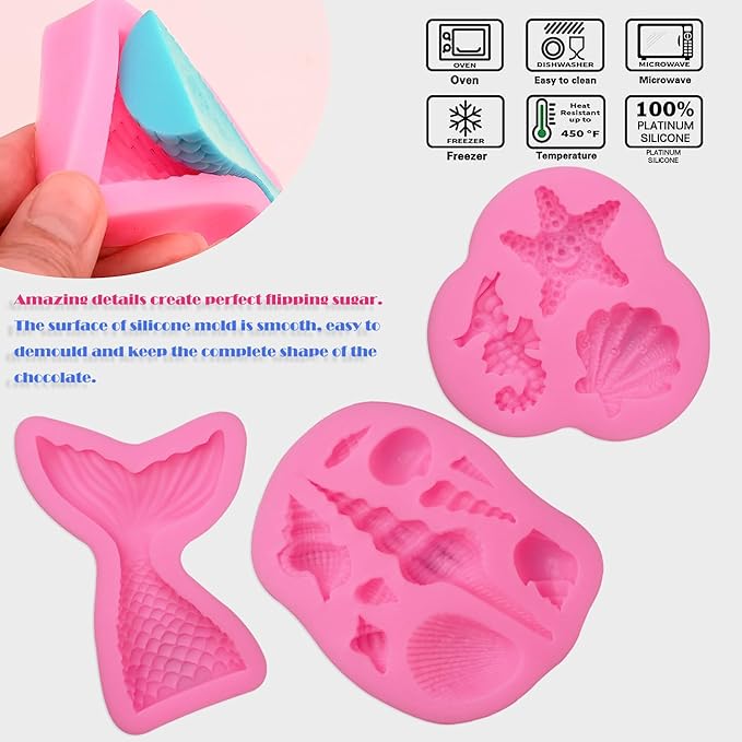 SAKOLLA Mermaid Theme Silicone Fondant Mold - Mermaid Tail Seashell Starfish Hippocampus Conch Silicone Mold for Under The Sea Cake Decoration, Gum Paste, Polymer Clay, Cupcake Decor, Sugar Craft