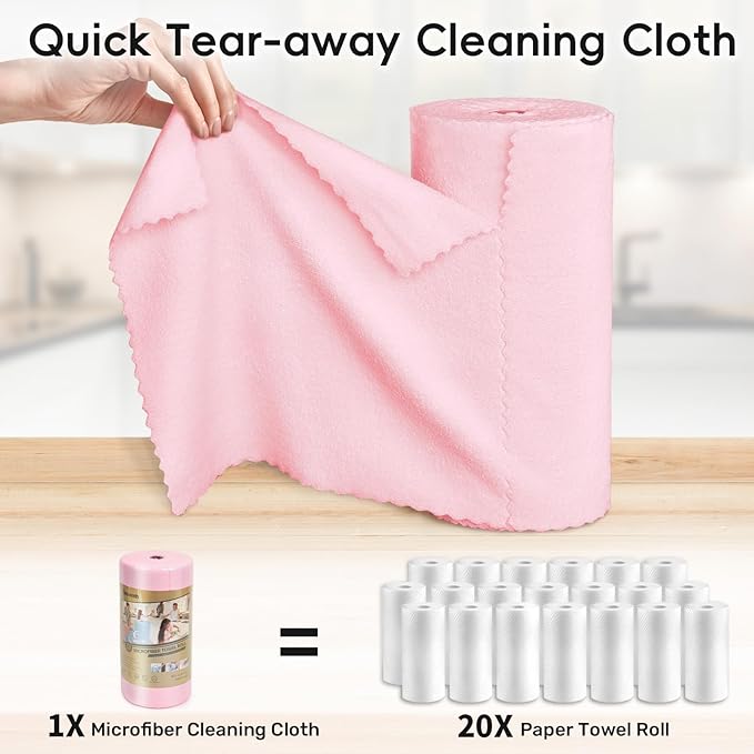 Microfiber Cleaning Cloths Roll, 75 Pack Tear Away Microfiber Towels Roll, 12" x 12" Lint Free Rags, Reusable Cleaning Cloths, Washable, Scratch Free,Ultra Absorbent Dish Rags(Pink)