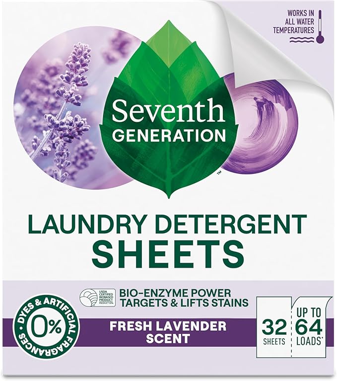 Seventh Generation Laundry Detergent Sheets, Up to 64 Loads, Fresh Lavender Scent, Removes Tough Stains, 0% Dyes and Artificial Fragrances, Safer for your family
