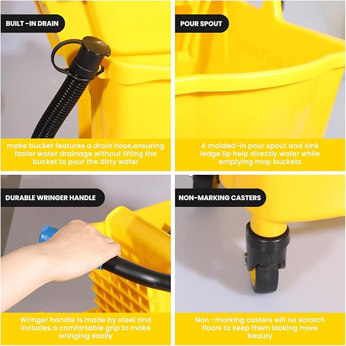 35Qt Commercial Mop Bucket with Side Wringer,Including 1* Commercial Loop-end Mop and 1* Mop Head Replacement