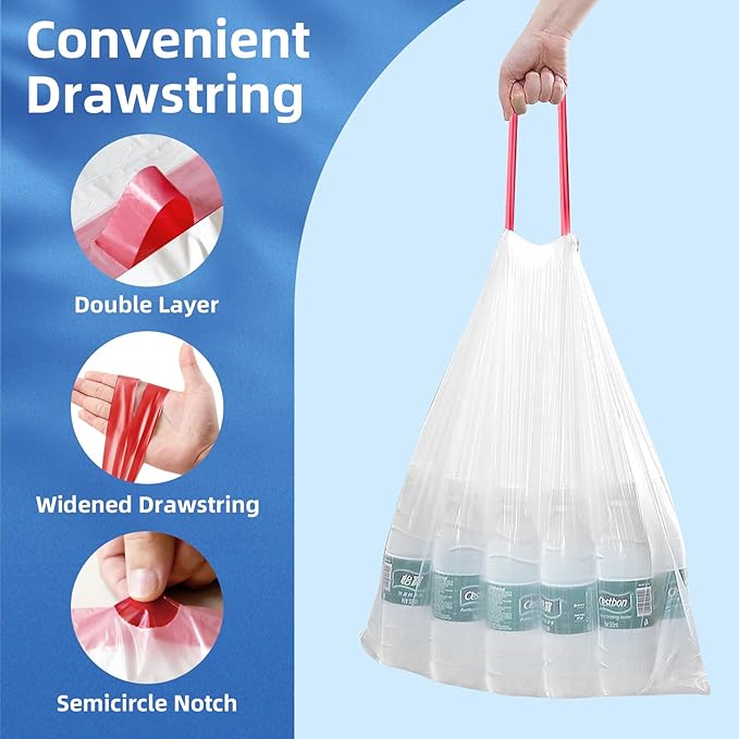 13.2 Gallon Tall Kitchen Drawstring Trash Bags, 200 Count Pre-separated Garbage Bags, Unscented, Leak Proof, Waste Bag for Kitchen, Office, Home