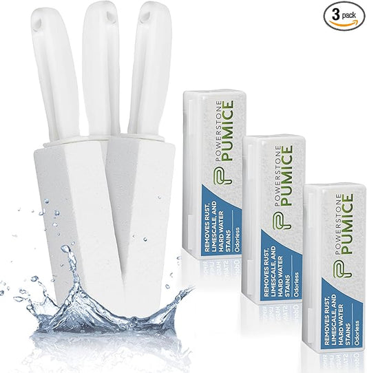 Powerstone Pumice Stone Toilet Bowl Cleaner with Handle (3-pack) - A Reliable and Harmless Solution for Cleaning Limescale Deposits & Hard Water Stains on Toilets, Grills, Tiles, Grout & Pools
