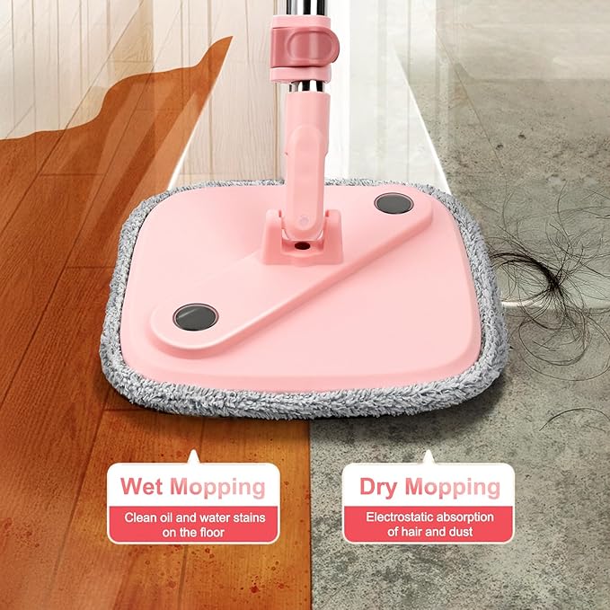 Spin Mop and Bucket Set with Self - Separation System, 360° Spinning Self - Wringing, Square Cleaning Mop and Bucket with Wringer - with Replaceable Mops (Pink Mop and Bucket Set with 2 Pads