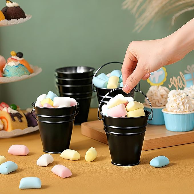 Sadnyy 12 Pcs 3.5in Small Metal Buckets with Handle, Mini Metal Pail Tin Galvanized Pail Container for Trick or Treat Flower Plant Craft Halloween Party Favors Garden Home Decoration (Black)