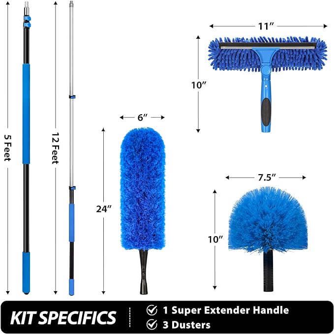 20 Feet High Reach Duster Kit with 5-12 Ft Extension Pole, Cobweb Duster with Telescoping Pole, Window Squeegee with Scrubber, Spider Web Brush, High Ceiling Fan Duster for High Window, Interior Roof