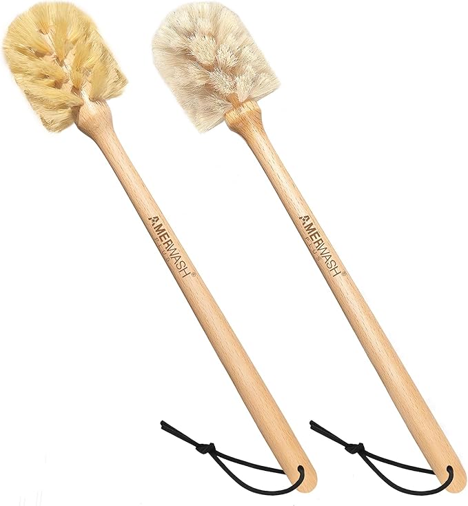 Bottle Brushes with Natural Bristles, 13-3/4 Inch Long Wood Handle Bottle Brush Cleans and Scrubs Wide Mouth Jars, Glasses, Vases, Mugs and Pitchers, Sisal + Horsehair Bristles 2 Pack